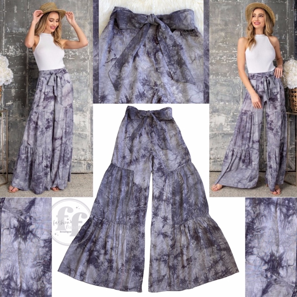 Eesome Smoky Purple Gray High Waist Tiered Flared Tie Dye Wide Leg Palazzo Pants
